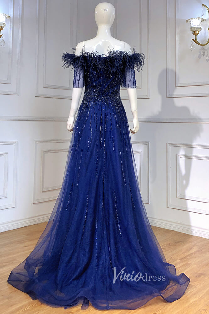 Royal Blue Beaded Feather Evening Dresses Short Sleeve Prom Dress FD3007-prom dresses-Viniodress-Viniodress