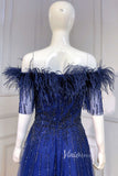 Royal Blue Beaded Feather Evening Dresses Short Sleeve Prom Dress FD3007-prom dresses-Viniodress-Viniodress