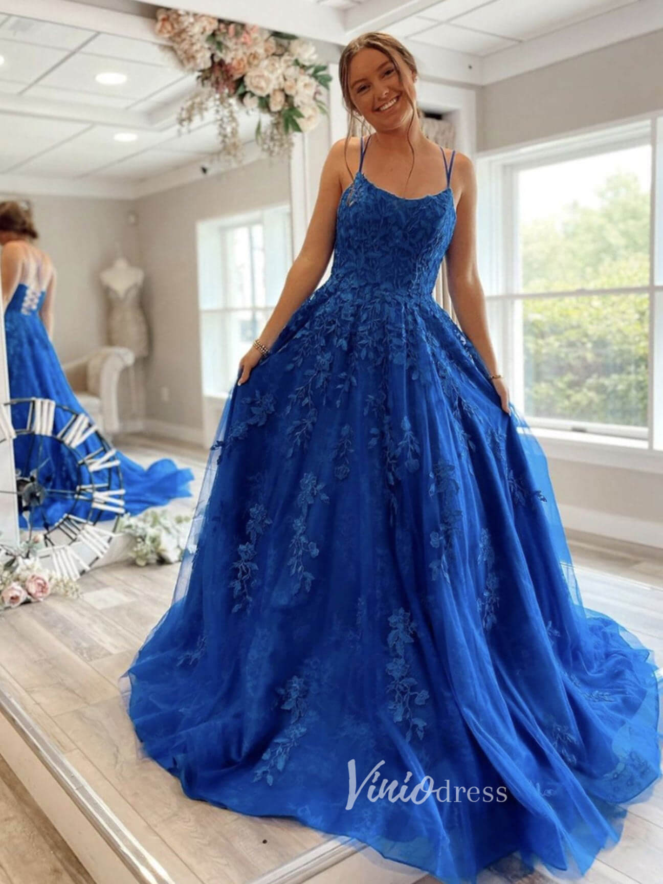 Royal Blue Lace Applique Prom Dresses Spaghetti Strap Evening Dress FD3073-prom dresses-Viniodress-Royal Blue-Custom Size-Viniodress