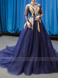 Royal Blue Long Sleeve Prom Dresses Gold Quinceañera Dress FD1382 viniodress
