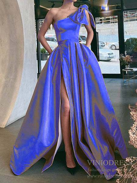 Royal Blue One Shoulder Satin Prom Dresses with Pockets FD2275 – Viniodress