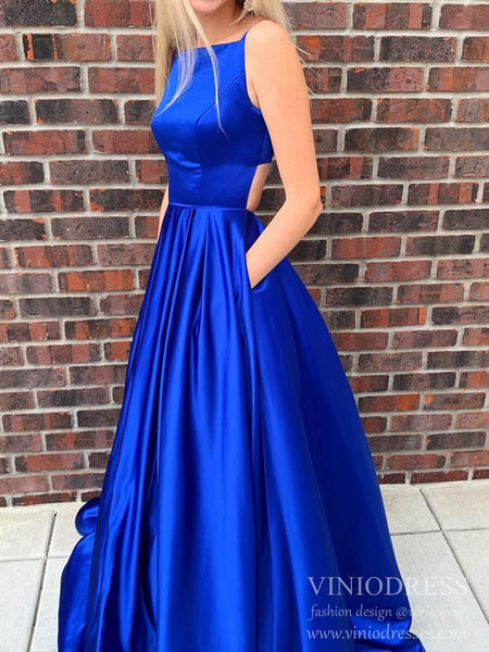 Royal Blue Satin Long Prom Dresses with Pockets Open Back FD2094 ...