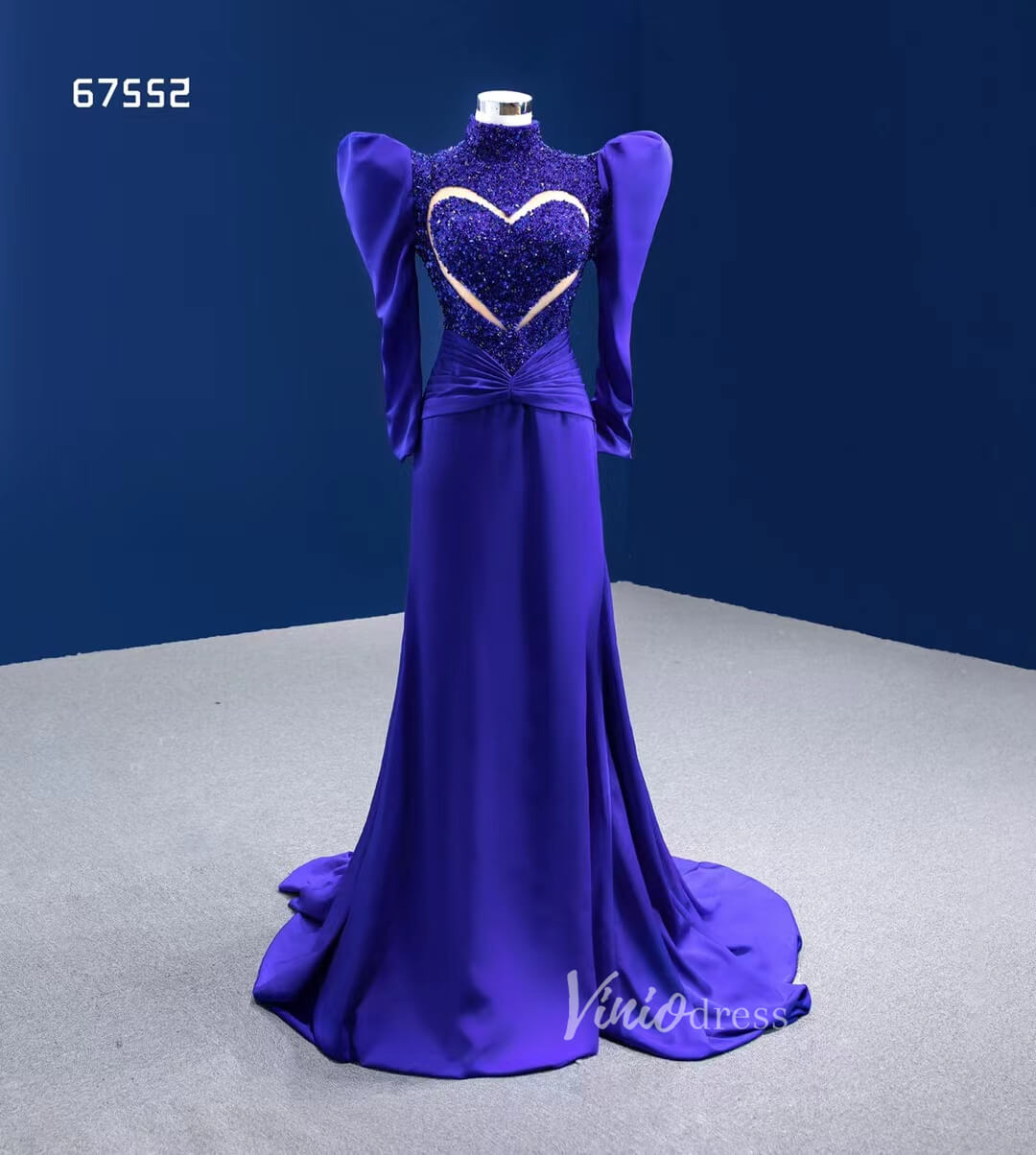 Royal Blue Sheath Pageant Dress Beaded Heart Formal Dresses with Sleeves 67552-prom dresses-Viniodress-Viniodress