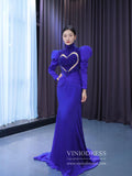 Royal Blue Sheath Pageant Dress Beaded Heart Formal Dresses with Sleeves 67552