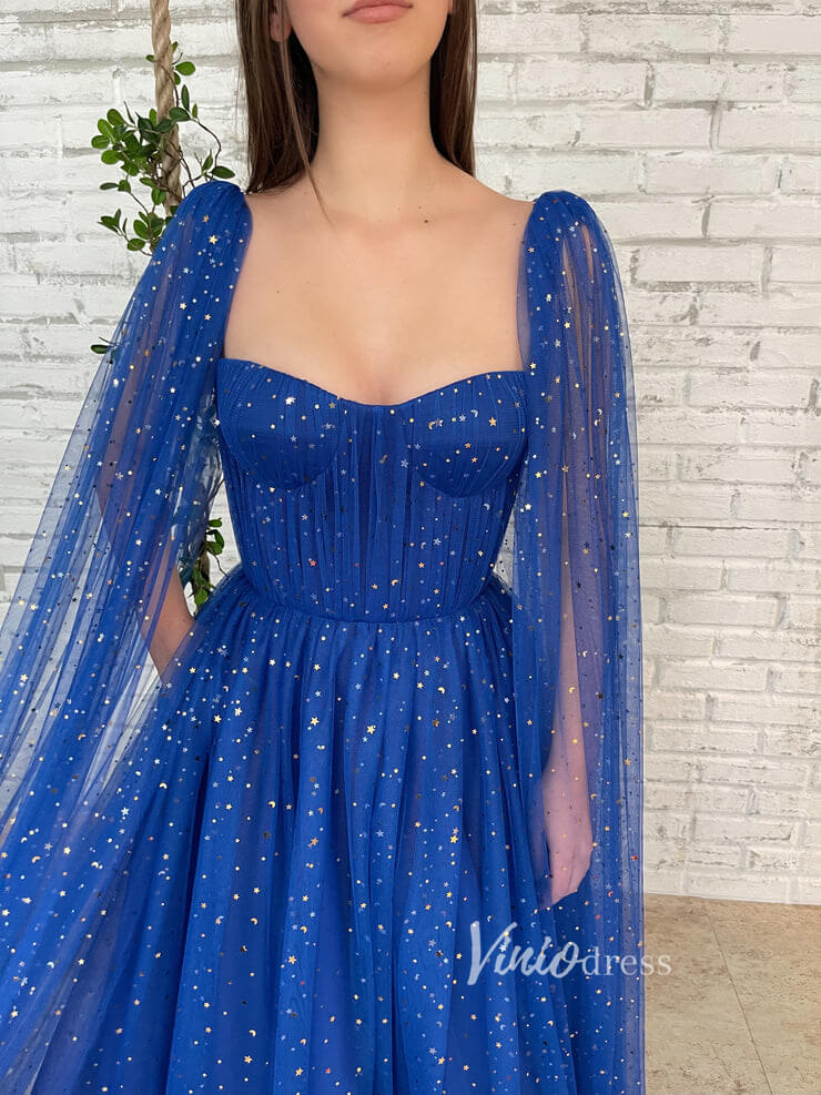 Royal Blue Star Prom Dresses Long Cape Sleeve Formal Evening Gown FD2770-prom dresses-Viniodress-Viniodress