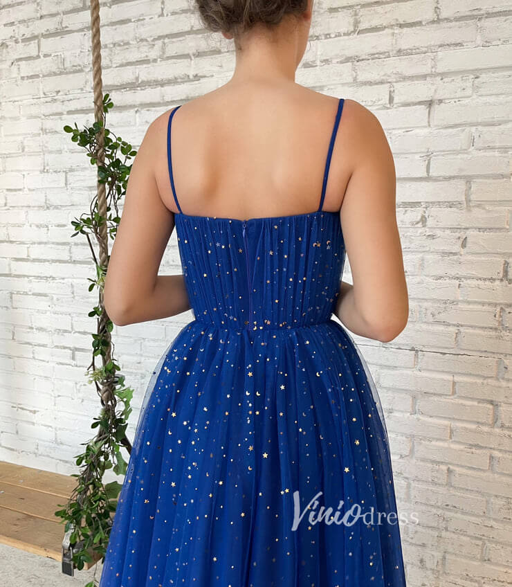 Royal Blue Star Prom Dresses Spaghetti Strap Maxi Dress with Pockets FD2769-prom dresses-Viniodress-Viniodress