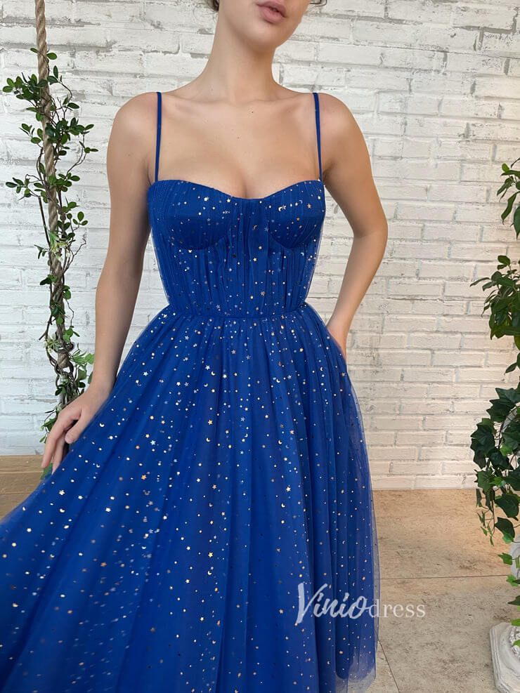 Royal Blue Star Prom Dresses Spaghetti Strap Maxi Dress with Pockets FD2769-prom dresses-Viniodress-Viniodress