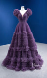 Ruffled Purple Formal Dress V-neck Layered Prom Dresses 67448