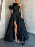 Satin Prom Dress with Slit One Shoulder Feather Sleeve Evening Gown with Pockets FD3145-prom dresses-Viniodress-Black-Custom Size-Viniodress