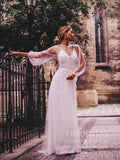 See Through Pearl Tulle Beach Wedding Dresses with Fluffy Long Sleeves VW1445