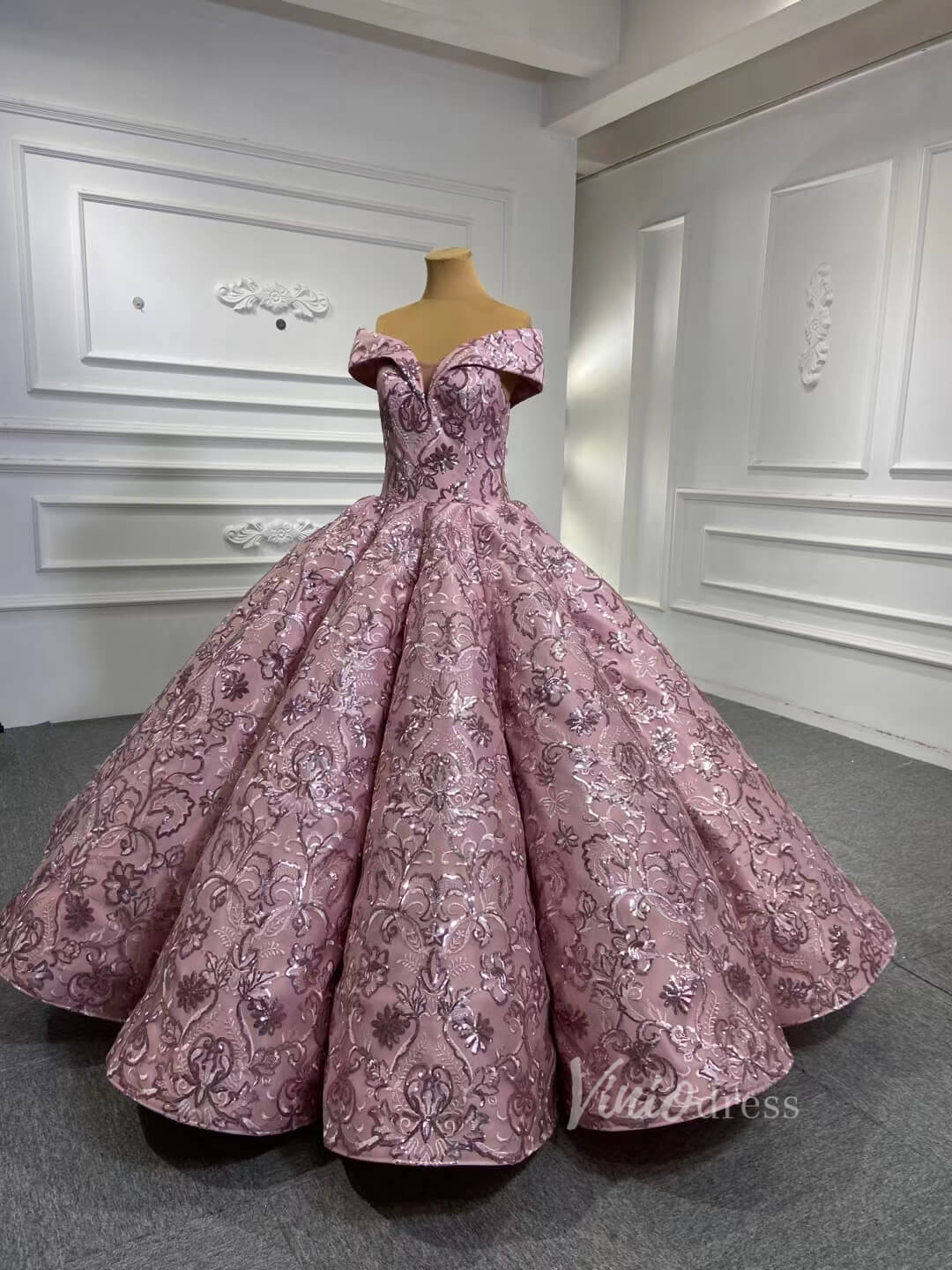 Sequin Floral Ball Gown Dusty Rose Quinceanera Dresses 66590 viniodress-Quinceanera Dresses 2025 -Viniodress-Dusty Rose-Custom Size-