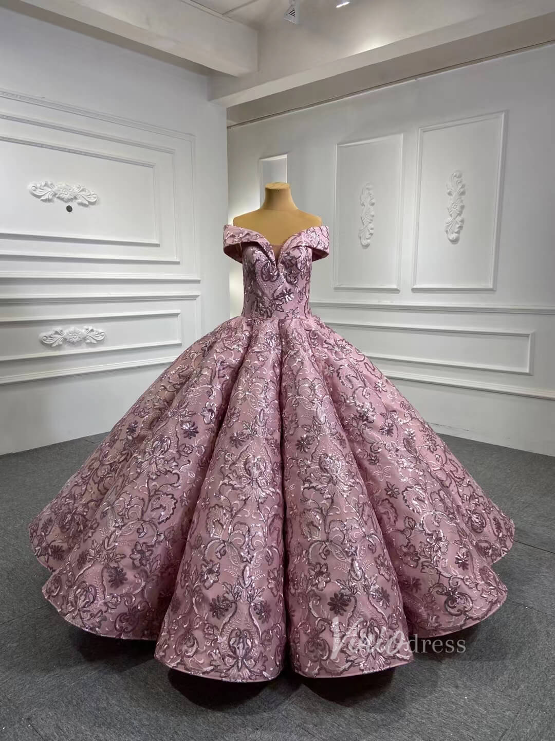 Sequin Floral Ball Gown Dusty Rose Quinceanera Dresses 66590 viniodress-Quinceanera Dresses-Viniodress-Dusty Rose-Custom Size-Viniodress