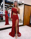 Sequin Prom Dresses With Slit Mermaid One Shoulder Long Sleeve Evening Dress FD3125-prom dresses-Viniodress-Viniodress