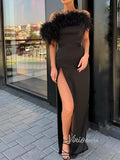 Sexy Black Formal Evening Dress with Slit Sheath Feather Prom Dress FD2798-prom dresses-Viniodress-Viniodress