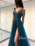 Sexy Blue Long Prom Dresses with Side Slit FD1500-prom dresses-Viniodress-Viniodress