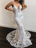 Sexy Mermaid Lace Wedding Dresses Deep V Neck Boho Wedding Dress VW1455