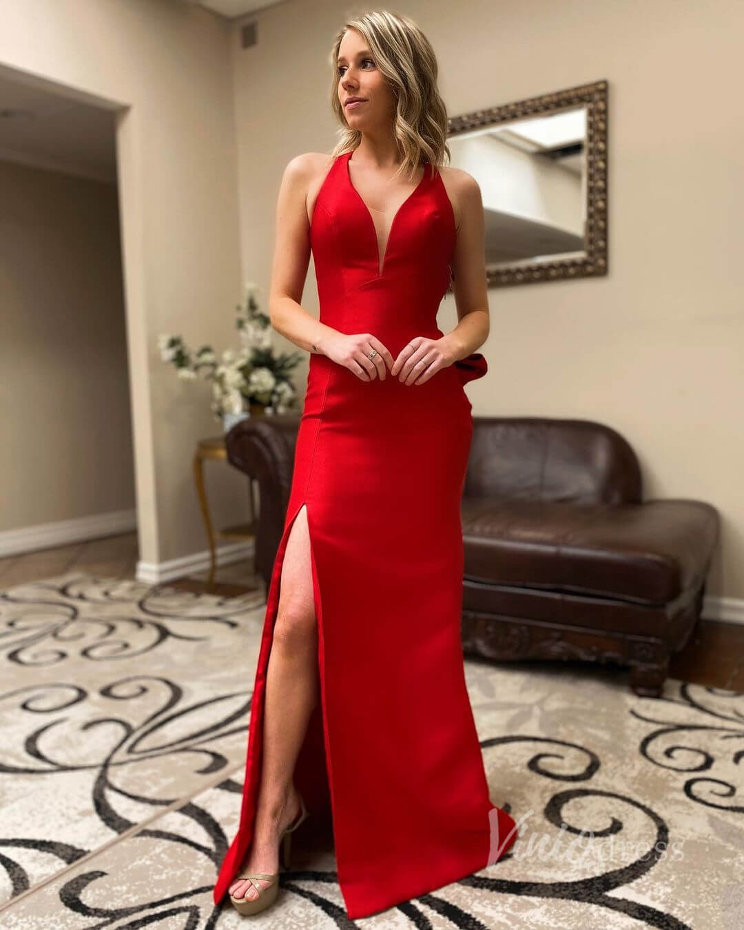 Sexy Open Back Red Mermaid Prom Dress with Slit FD2834-prom dresses-Viniodress-Viniodress