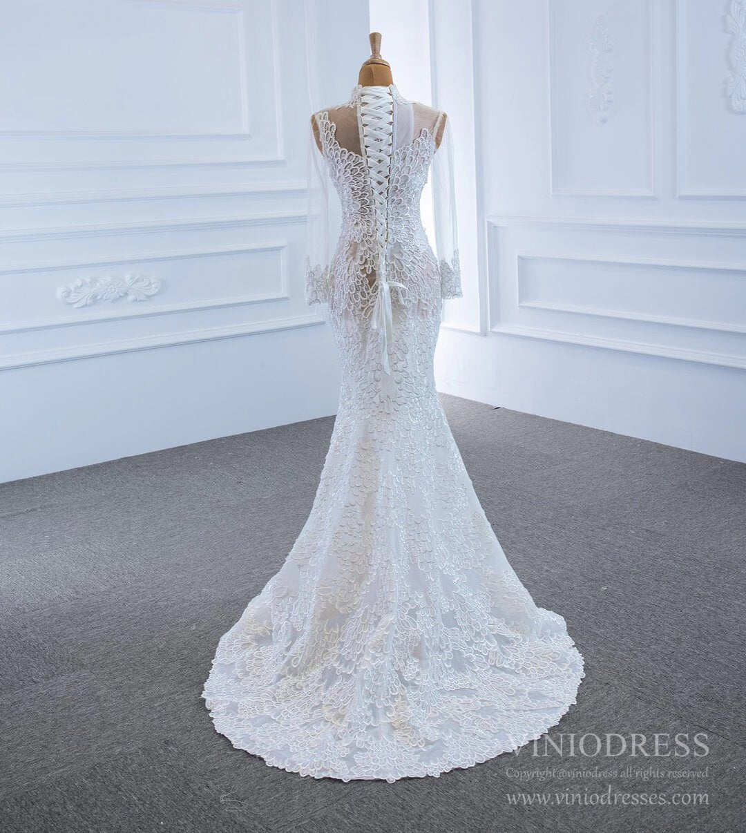 Sexy Sheer Lace Mermaid Wedding Dresses with Sleeves VW1782-wedding dresses 2025 -Viniodress-Ivory-Custom Size-