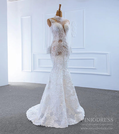 Sexy Sheer Lace Mermaid Wedding Dresses with Sleeves VW1782-wedding dresses 2025 -Viniodress-Ivory-Custom Size-