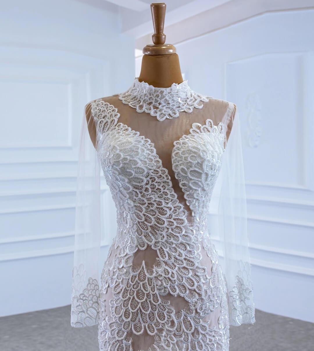 Sexy Sheer Lace Mermaid Wedding Dresses with Sleeves VW1782-wedding dresses 2025 -Viniodress-Ivory-Custom Size-