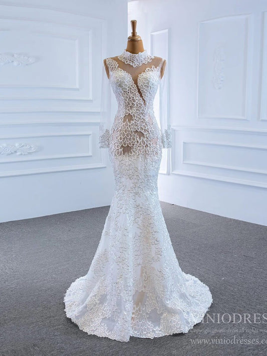 Sexy Sheer Lace Mermaid Wedding Dresses with Sleeves VW1782-wedding dresses 2025 -Viniodress-Ivory-Custom Size-