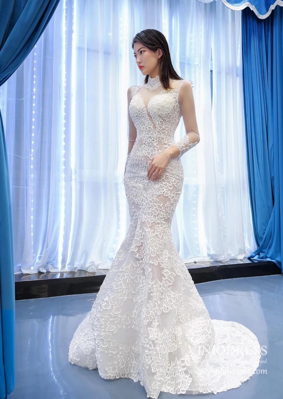 Sexy Sheer Lace Mermaid Wedding Dresses with Sleeves VW1782-wedding dresses-Viniodress-Viniodress