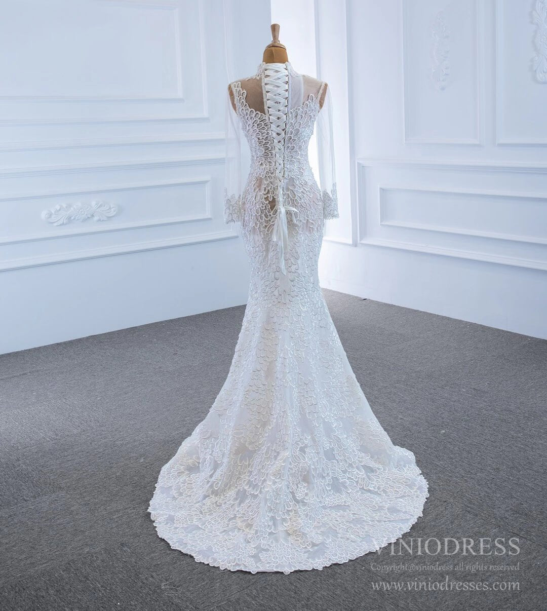 Sexy Sheer Lace Mermaid Wedding Dresses with Sleeves VW1782-wedding dresses-Viniodress-Viniodress