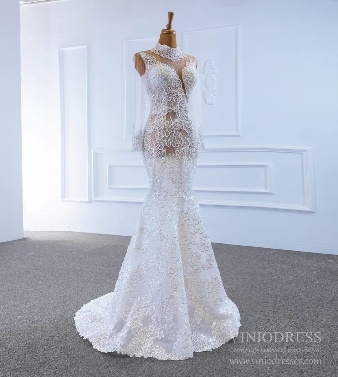 Sexy Sheer Lace Mermaid Wedding Dresses with Sleeves VW1782-wedding dresses-Viniodress-Viniodress