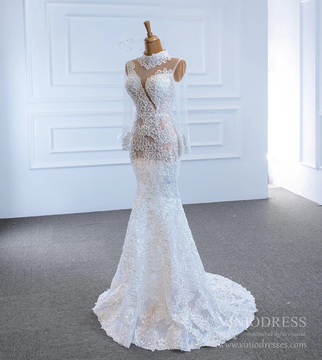 Sexy Sheer Lace Mermaid Wedding Dresses with Sleeves VW1782-wedding dresses-Viniodress-Viniodress