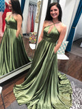 Sexy Spaghetti Strap Olive Green Satin Prom Dresses with Pockets FD2117
