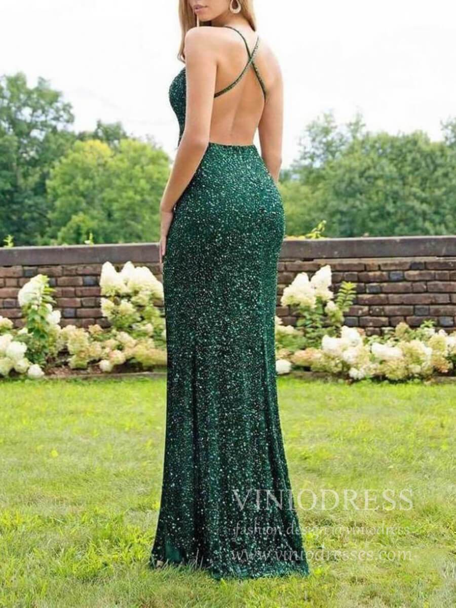Sexy Sparkly Emerald Green Sequin Long Prom Dresses with Slit FD1737-prom dresses-Viniodress-Viniodress