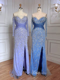 Sheath Beaded Blue Prom Dresses 1920s Evening Dress Detachable Train 20067