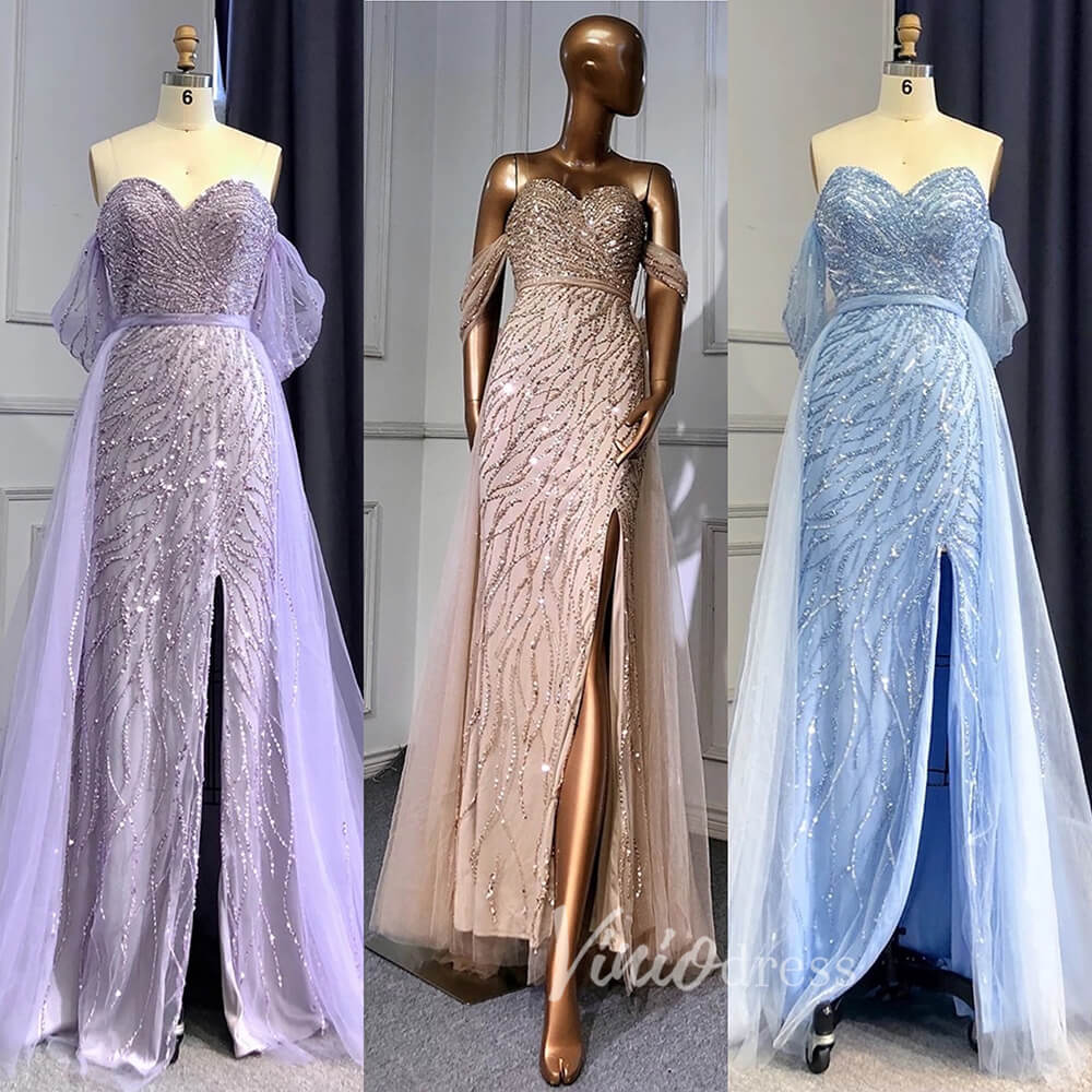 Sheath Beaded Prom Dresses with Slit Overskirt Evening Dress 20014-prom dresses-Viniodress-As Picture-US 2-Viniodress