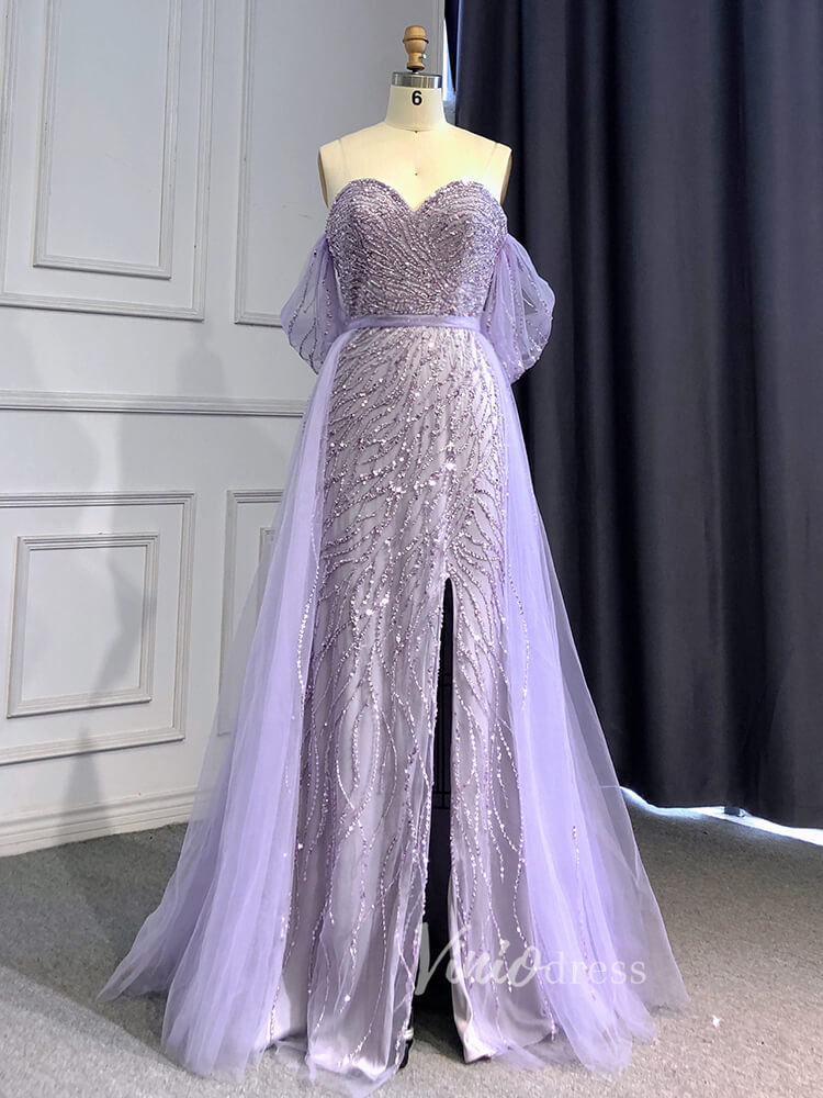 Sheath Beaded Prom Dresses with Slit Overskirt Evening Dress 20014-prom dresses-Viniodress-Lavender-US 2-Viniodress