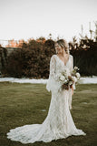 Sheath Lace Boho Wedding Dress with Long Bell Sleeves VW1087