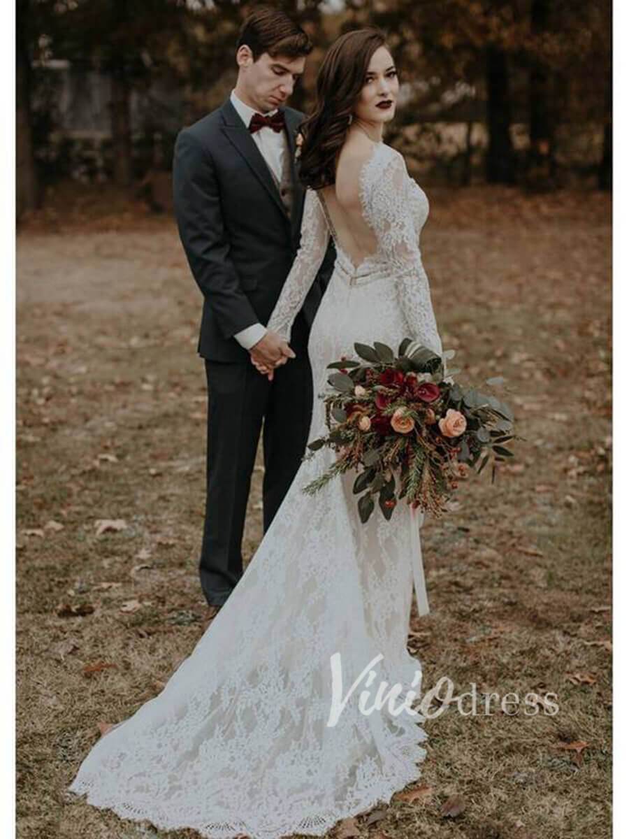 Sheath Lace Boho Wedding Dresses with Long Sleeves VW1183-wedding dresses-Viniodress-Viniodress