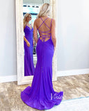 Sheath Purple Prom Dresses Lace up Back Evening Gown High Slit FD2709-prom dresses-Viniodress-Viniodress