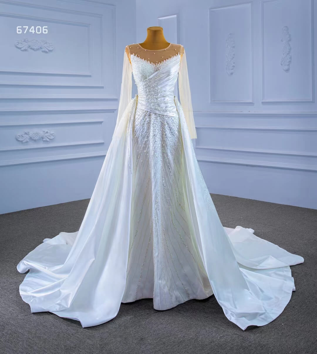 Sheath Satin Wedding Dress with Overskirt Long Sleeve 67406 Viniodress-wedding dresses 2025 -Viniodress-Ivory-Custom Size-