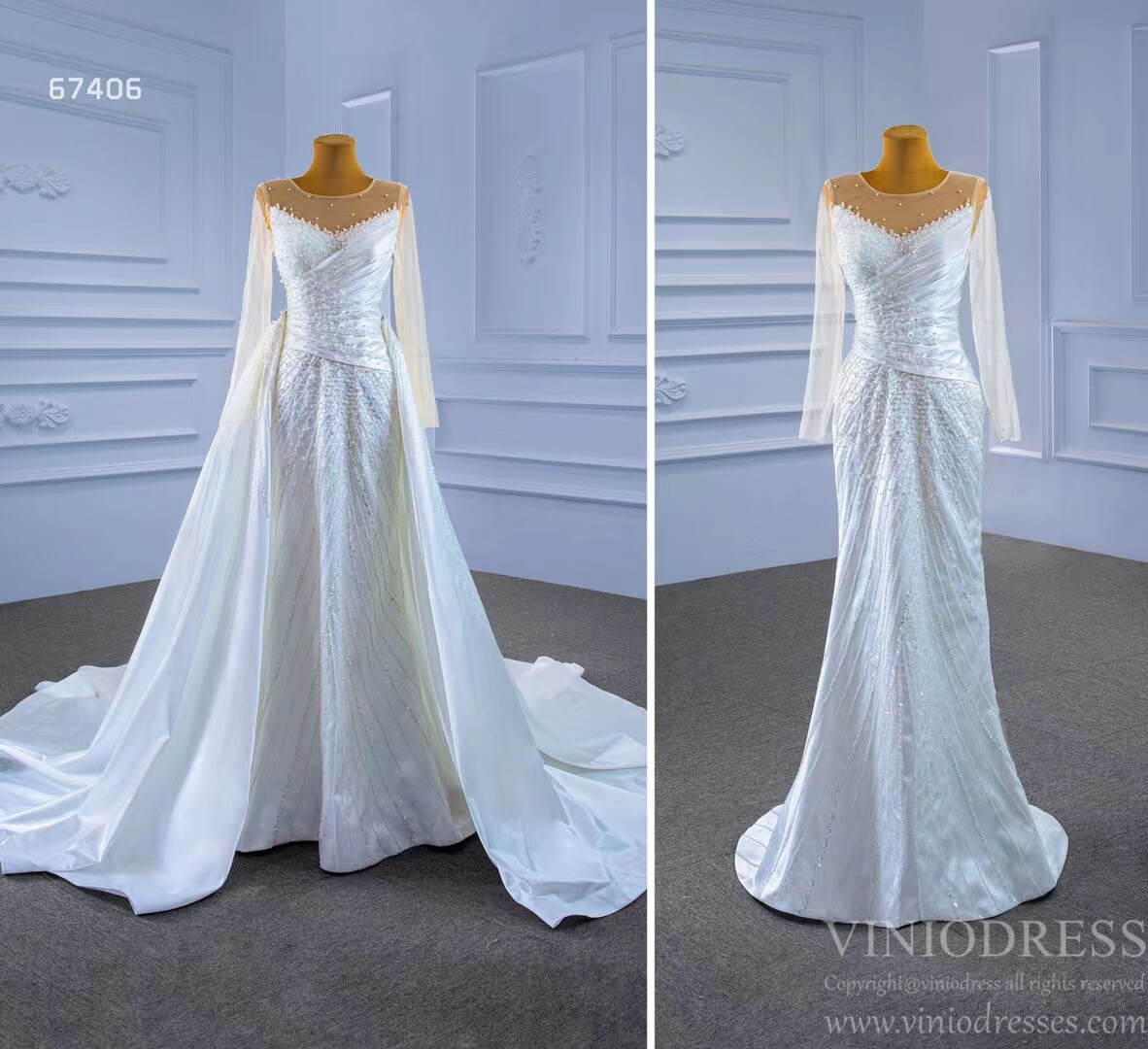 Sheath Satin Wedding Dress with Overskirt Long Sleeve 67406 Viniodress-wedding dresses 2025 -Viniodress-Ivory-Custom Size-