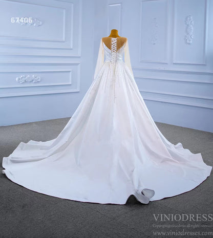 Sheath Satin Wedding Dress with Overskirt Long Sleeve 67406 Viniodress-wedding dresses 2025 -Viniodress-Ivory-Custom Size-