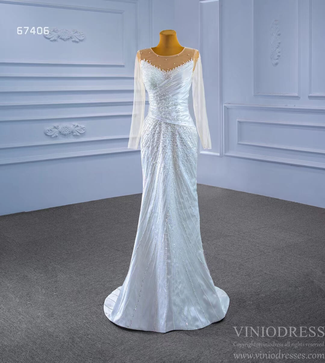 Sheath Satin Wedding Dress with Overskirt Long Sleeve 67406 Viniodress-wedding dresses 2025 -Viniodress-Ivory-Custom Size-