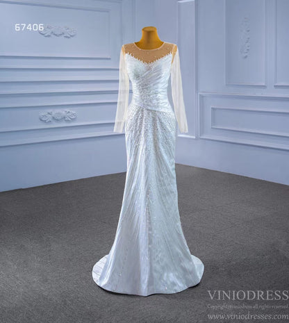Sheath Satin Wedding Dress with Overskirt Long Sleeve 67406 Viniodress-wedding dresses 2025 -Viniodress-Ivory-Custom Size-