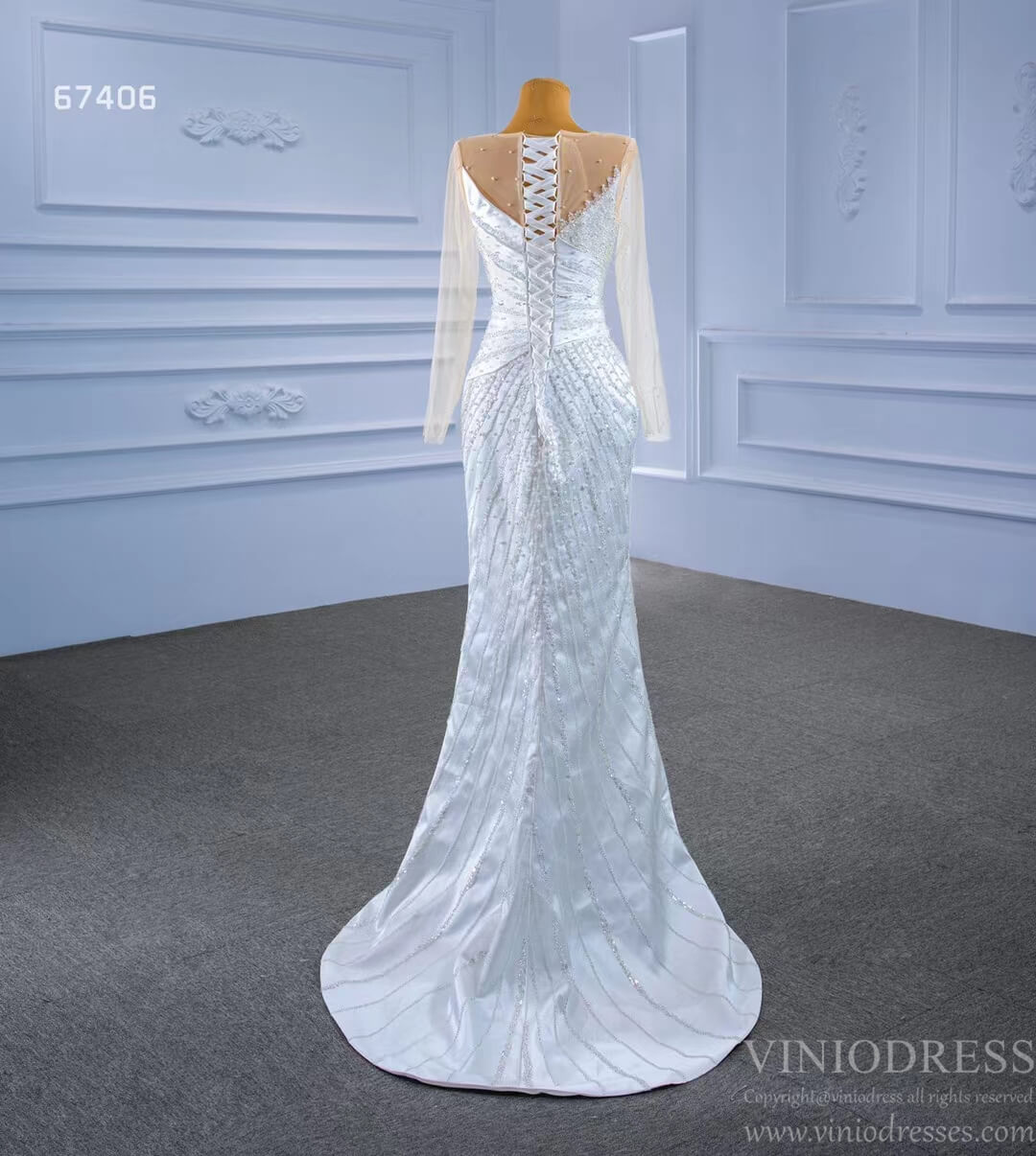 Sheath Satin Wedding Dress with Overskirt Long Sleeve 67406 Viniodress-wedding dresses 2025 -Viniodress-Ivory-Custom Size-