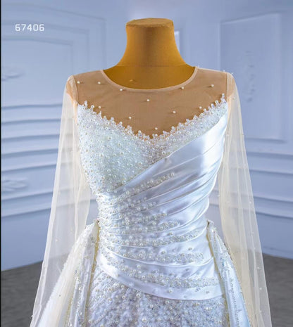 Sheath Satin Wedding Dress with Overskirt Long Sleeve 67406 Viniodress-wedding dresses 2025 -Viniodress-Ivory-Custom Size-