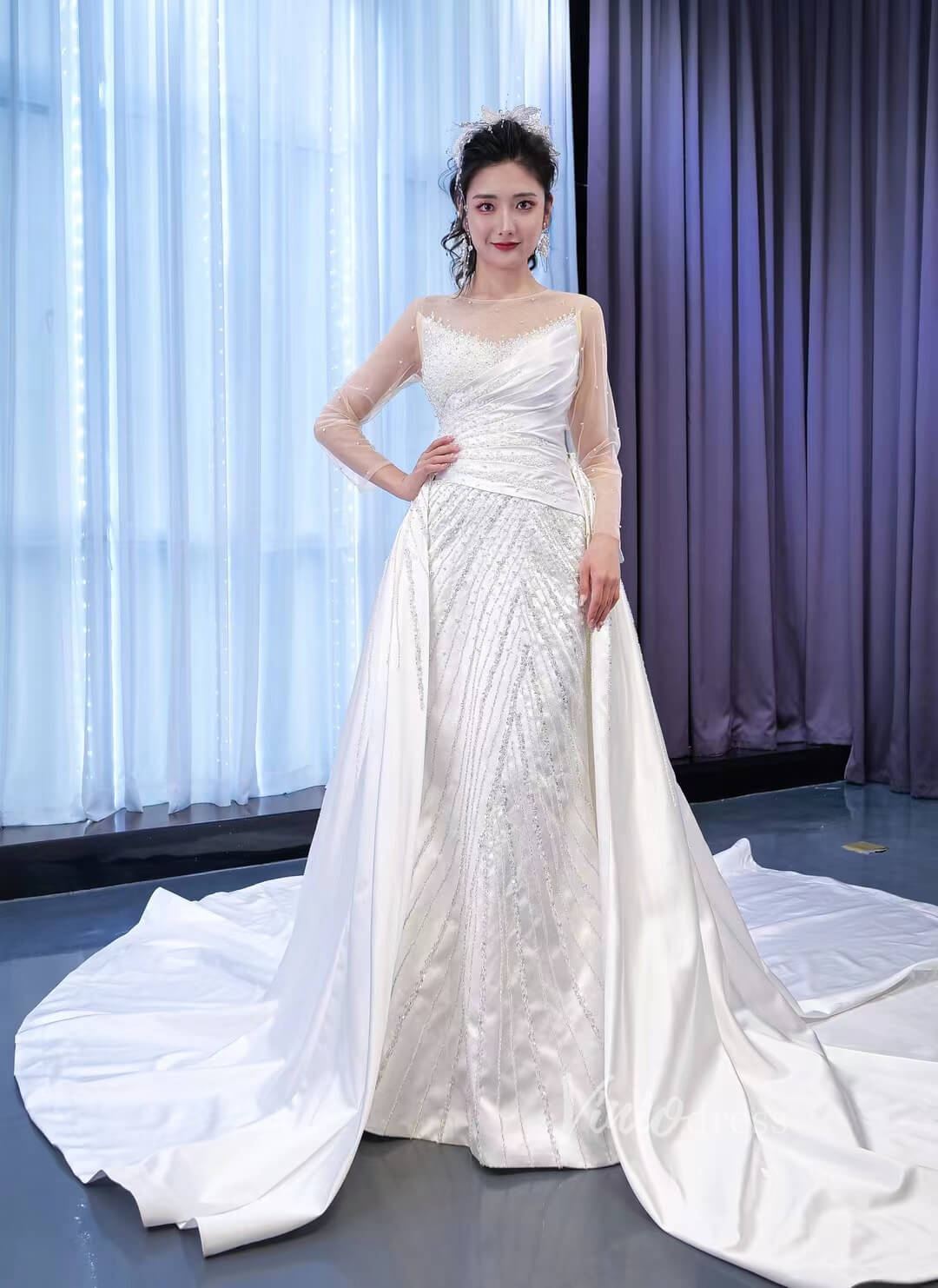 Sheath Satin Wedding Dress with Overskirt Long Sleeve 67406 Viniodress-wedding dresses 2025 -Viniodress-Ivory-Custom Size-