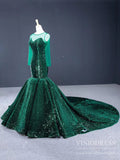 Sheer Long Sleeve Emerald Green Sequin Mermaid Prom Dresses FD1390B-prom dresses-Viniodress-Viniodress