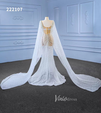 Sheer Modern Pearl Wedding Dresses with Extra Long Cape Sleeves 222107-wedding dresses 2025 -Viniodress-Ivory-Custom Size-