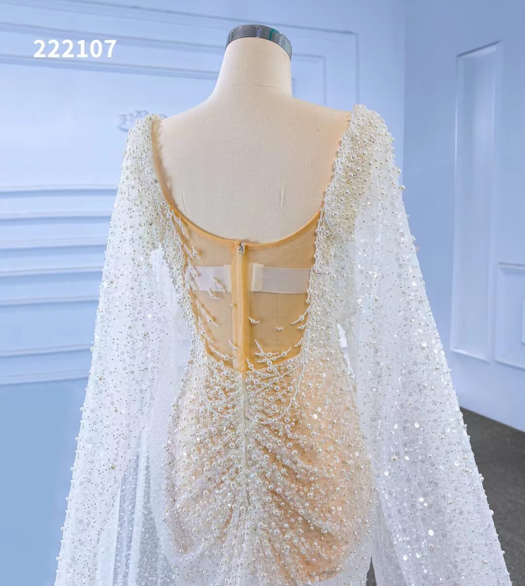 Sheer Modern Pearl Wedding Dresses with Extra Long Cape Sleeves 222107-wedding dresses 2025 -Viniodress-Ivory-Custom Size-