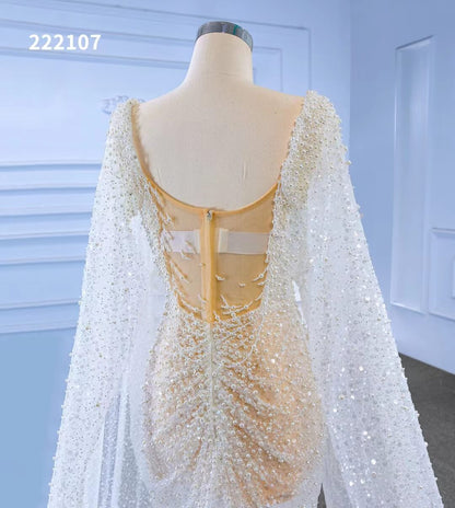 Sheer Modern Pearl Wedding Dresses with Extra Long Cape Sleeves 222107-wedding dresses 2025 -Viniodress-Ivory-Custom Size-