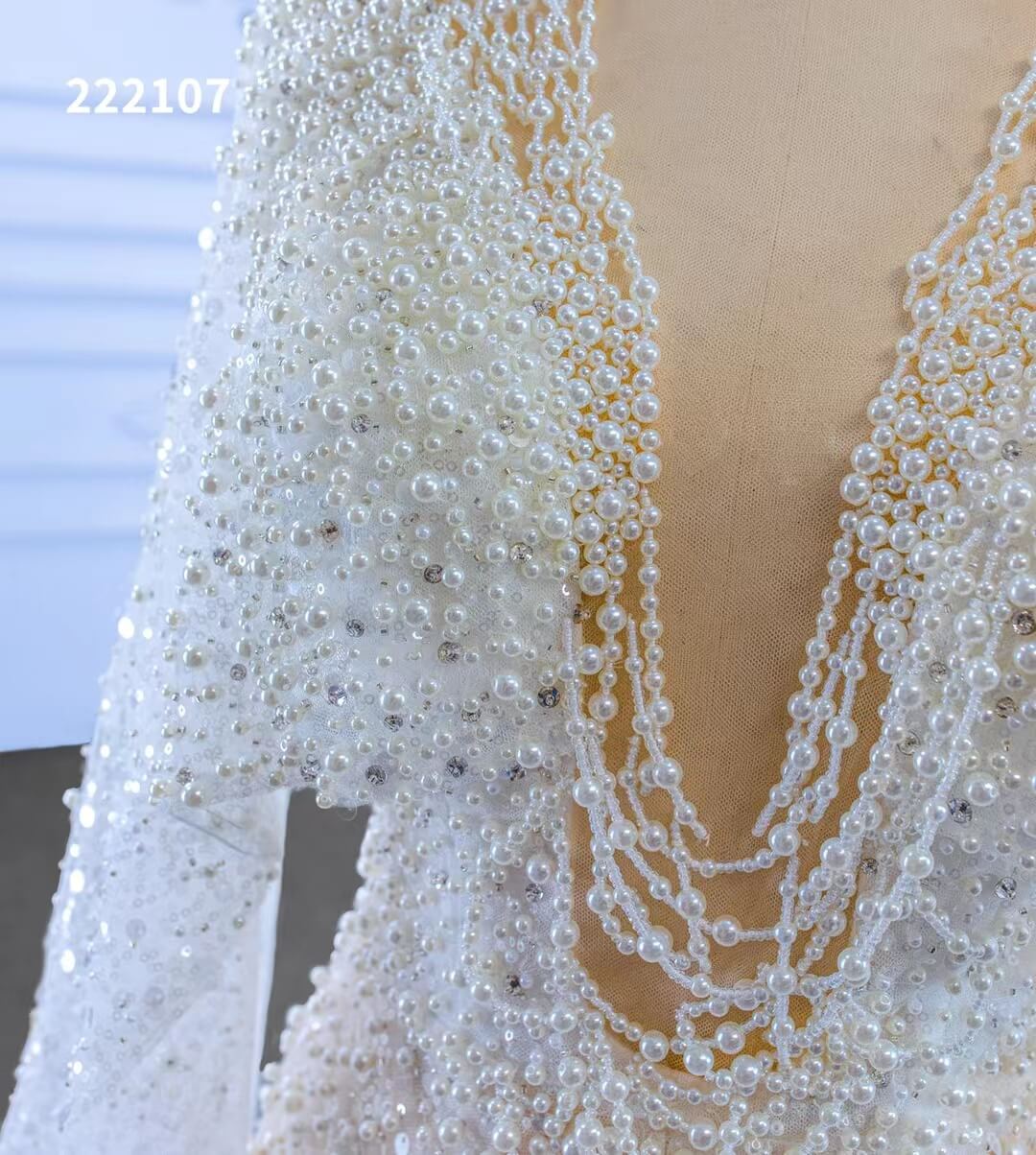 Sheer Modern Pearl Wedding Dresses with Extra Long Cape Sleeves 222107-wedding dresses 2025 -Viniodress-Ivory-Custom Size-